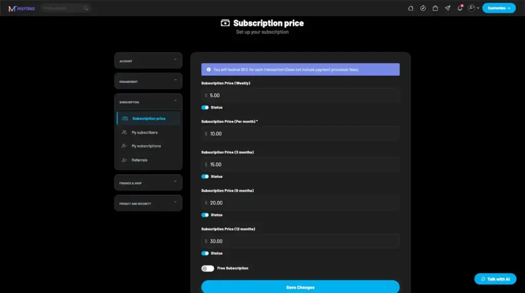 IsMyGirl Clone 32 Miracuves Subscription Price Settings