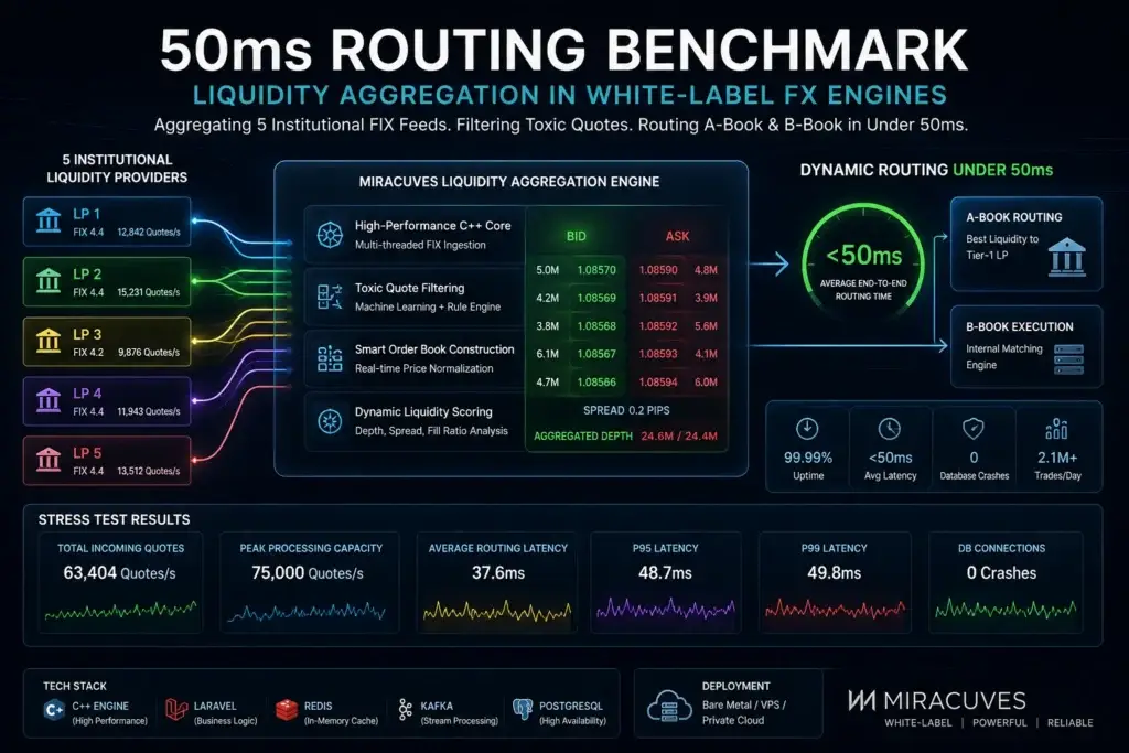 50ms Routing: Benchmarking Liquidity Aggregation in White-Label FX Engines 2 White-label FX liquidity aggregation infographic showing five institutional FIX providers, toxic quote filtering, C++ processing engine, smart order-book construction, dynamic liquidity scoring, A-Book and B-Book routing, and sub-50 ms latency results.
