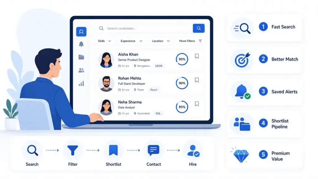 How a LinkedIn Clone App Can Improve Recruiter and Job Seeker Engagement With Advanced Search 1 Recruitment platform dashboard illustration showing candidate search filters, recruiter matching system, shortlist pipeline, saved alerts, and hiring workflow.