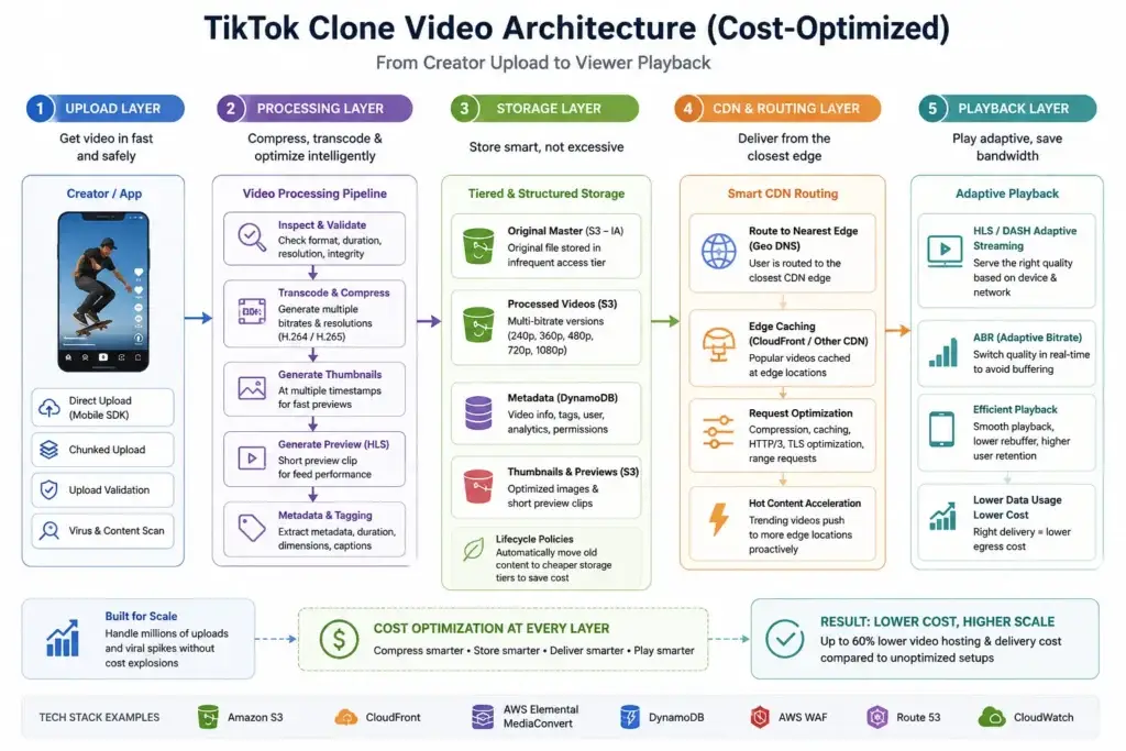 Surviving the Viral Spike: How TikTok Clone Architecture Can Cut Video Hosting Costs 1 TikTok clone video architecture showing upload, compression, storage, CDN routing, and playback optimization