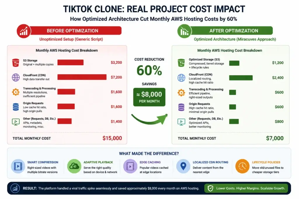 Surviving the Viral Spike: How TikTok Clone Architecture Can Cut Video Hosting Costs 2 Before and after chart showing reduced TikTok clone hosting costs through CDN and compression optimization