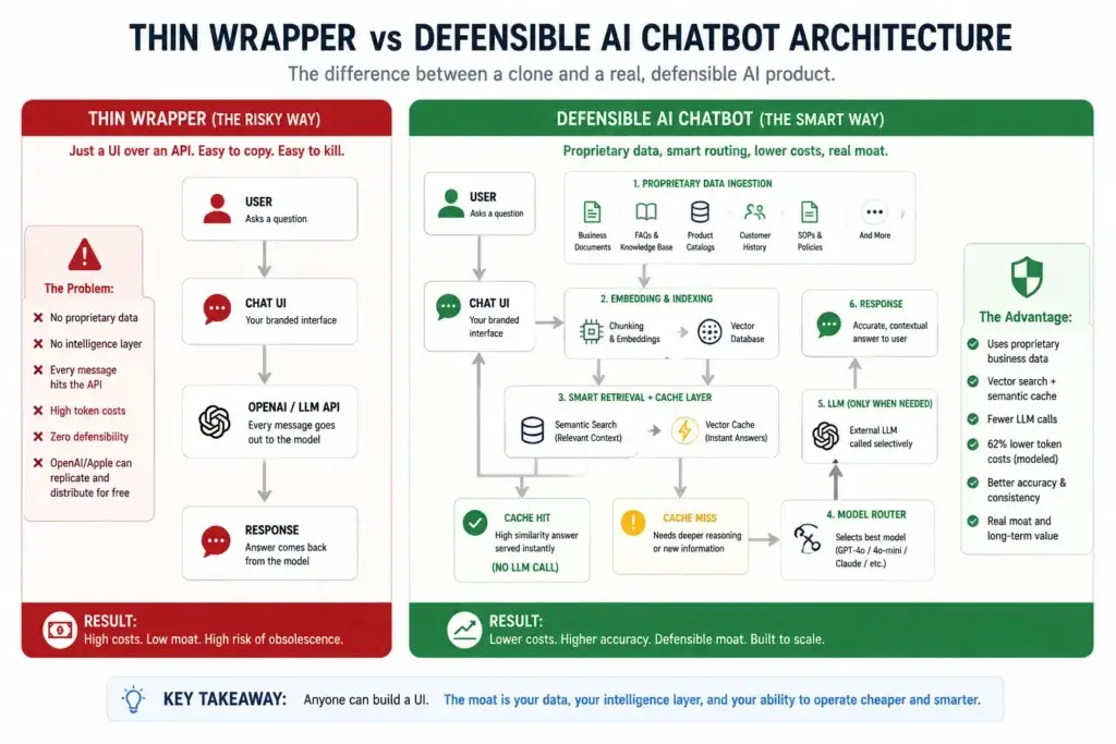 The Thin Wrapper Death Trap: Why Basic ChatGPT Clones Will Go Bankrupt in 2026 1 Thin wrapper AI chatbot compared with defensible AI chatbot architecture using proprietary data pipelines, vector caching, and model routing