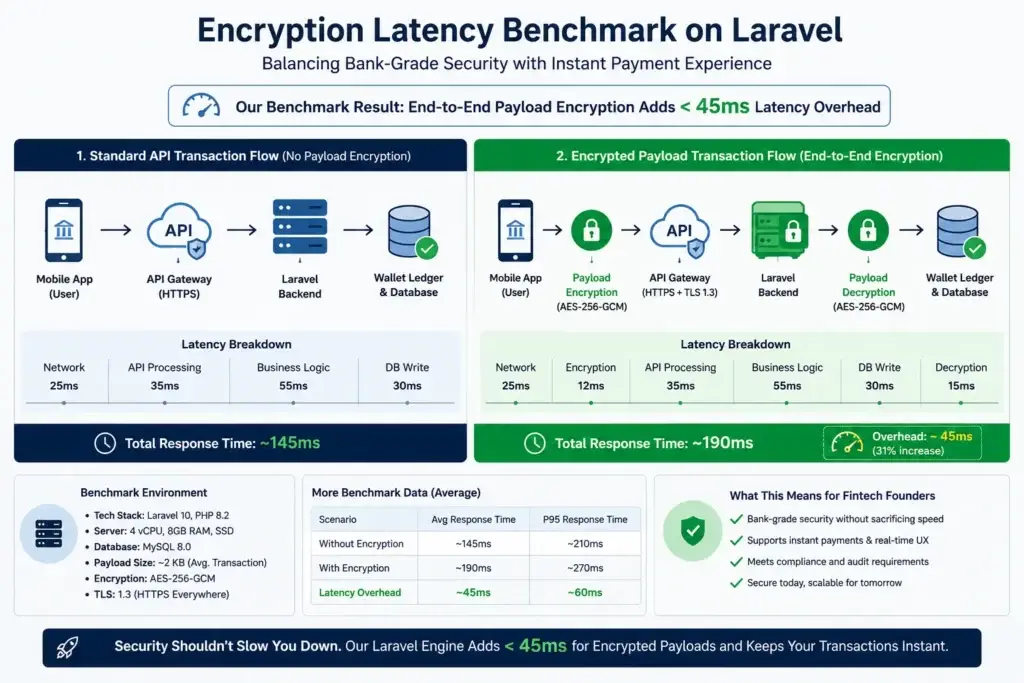45ms Latency: Our Data on Balancing High Security with Instant Payments in Fintech Clones 1 Laravel fintech encryption latency chart showing less than 45ms payload encryption overhead for instant payment transactions