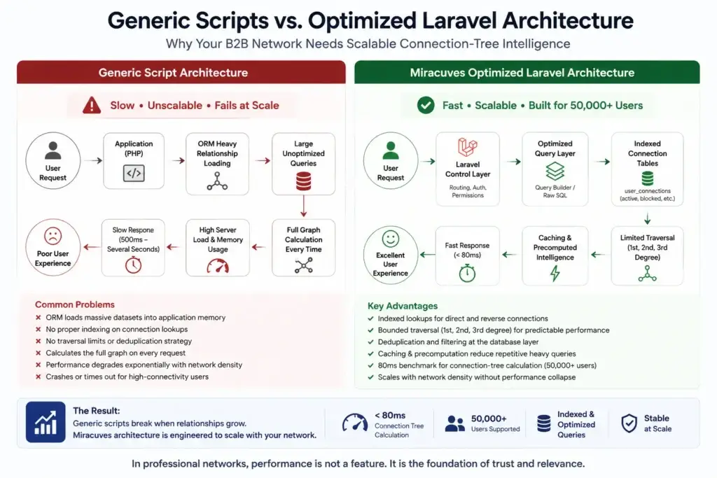 80ms Connection Trees: Architecting the Database for a Niche B2B Network 3 generic professional network script versus optimized Laravel connection tree architecture