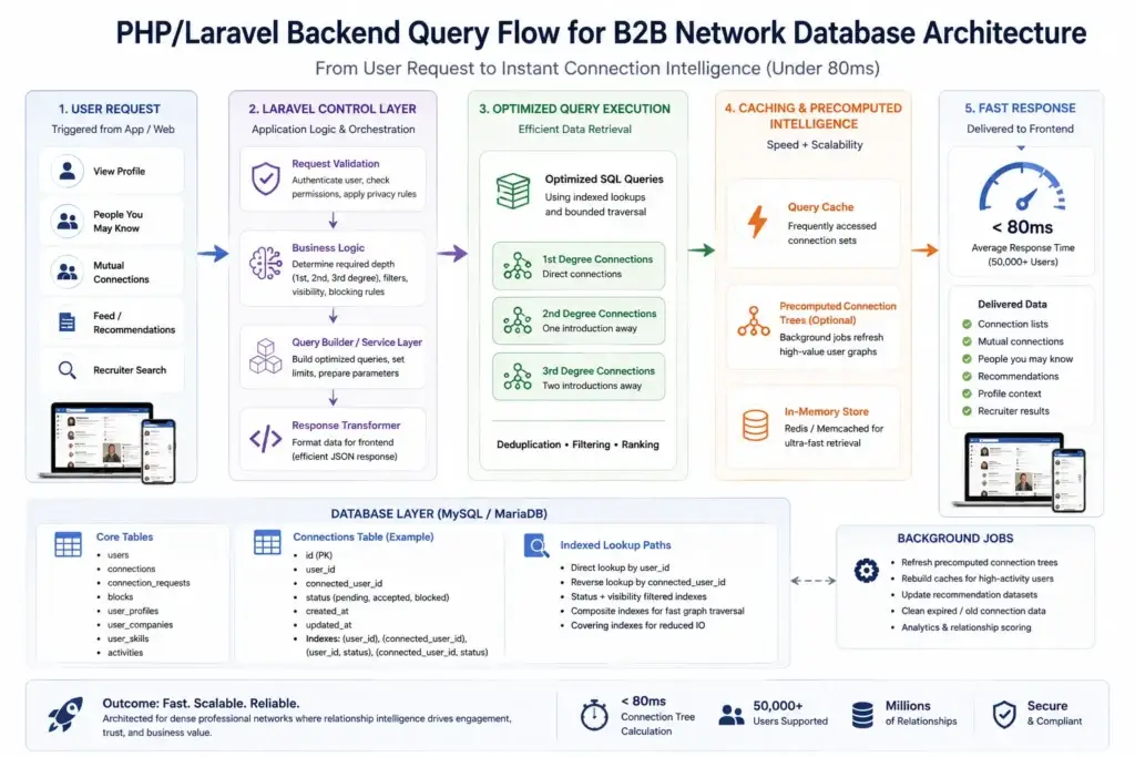 80ms Connection Trees: Architecting the Database for a Niche B2B Network 2 PHP Laravel backend query flow for B2B network database architecture