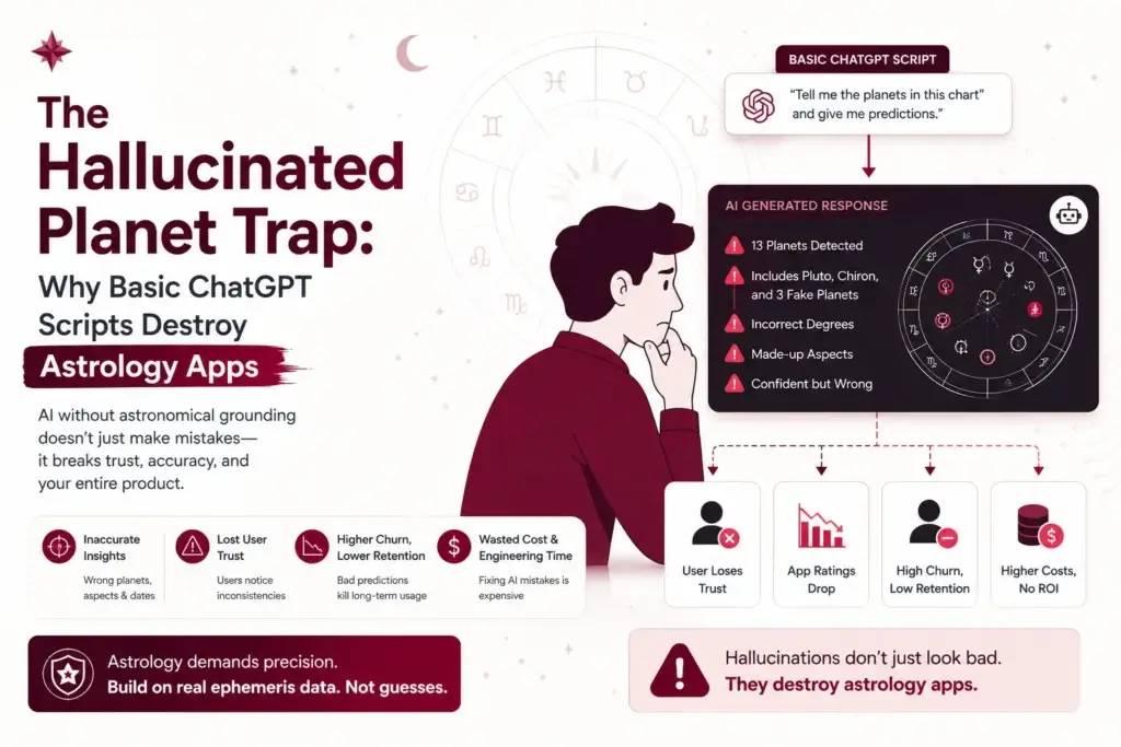 AI astrology app showing hallucinated planetary data versus ephemeris-grounded birth chart calculation