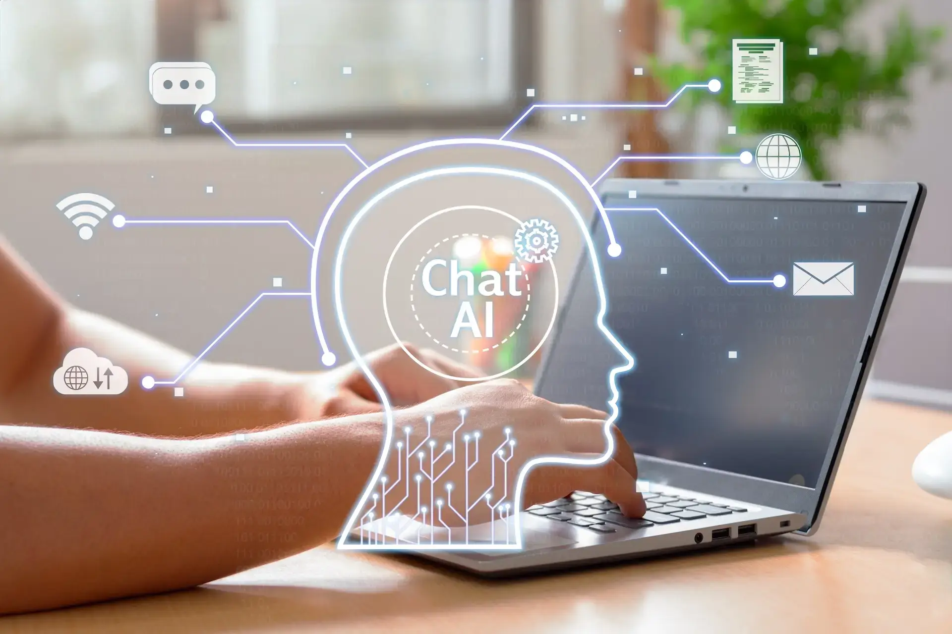 Gojek Clone 43 A person using a laptop with digital icons representing Chat AI, Wi-Fi, cloud, email, and documents around their head, symbolizing integrated technology services.