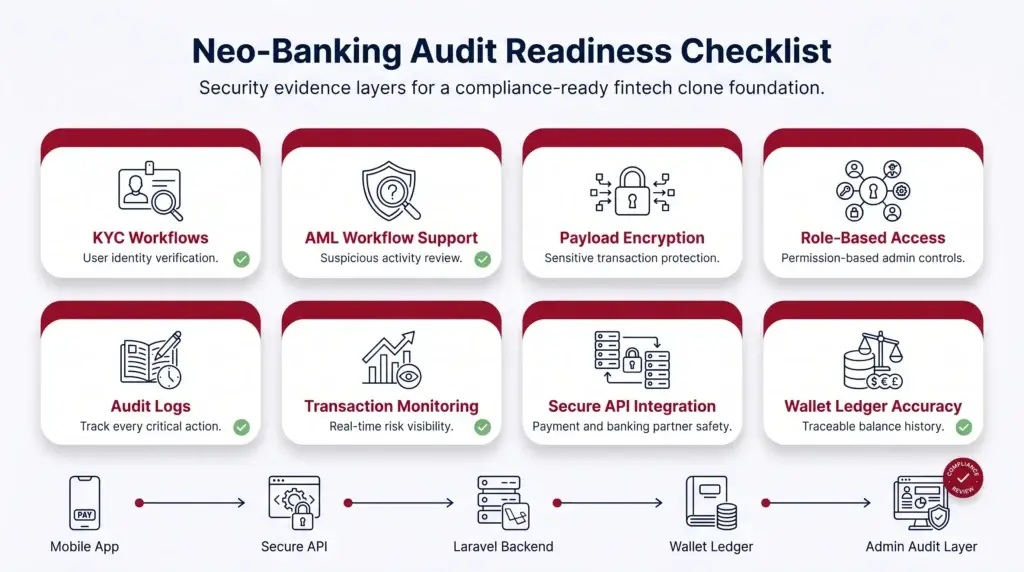 45ms Latency: Our Data on Balancing High Security with Instant Payments in Fintech Clones 3 Neo-banking audit readiness checklist showing KYC workflows, AML monitoring, encrypted data, audit logs, and role-based access controls
