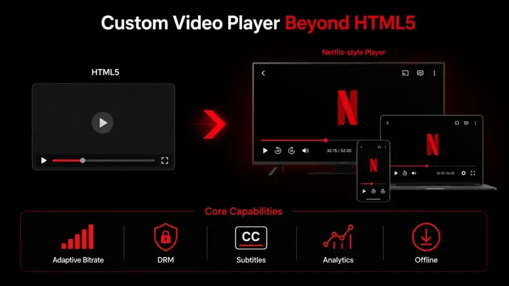 Setting Up HLS and MPEG-DASH Streaming Protocols for Custom Video Players 1 Custom video player beyond HTML5 infographic showing Netflix-video streaming player development features including adaptive bitrate streaming, DRM, subtitles, analytics, and offline viewing.