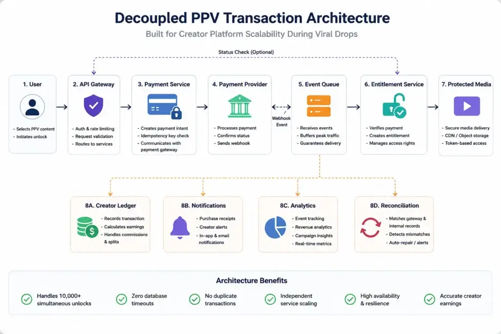 10,000 Unlocks in 5 Minutes: Surviving a Viral Traffic Spike on a Creator Platform. 1 Decoupled PPV transaction architecture diagram showing scalable creator platform infrastructure with API gateway, payment services, event queues, entitlement management, protected media delivery, analytics, and reconciliation systems.
