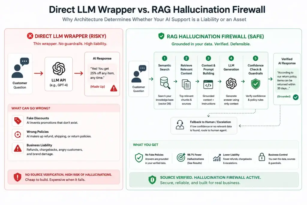 Zero Fake Discounts: How We Deployed a Hallucination-Proof AI Customer Support Clone 1 Direct AI chatbot wrapper compared with RAG hallucination firewall for ecommerce customer support
