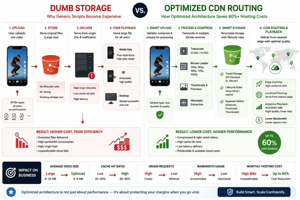 Surviving the Viral Spike: How TikTok Clone Architecture Can Cut Video Hosting Costs 3 Comparison of dumb video storage and optimized CDN routing for short video app cost reduction