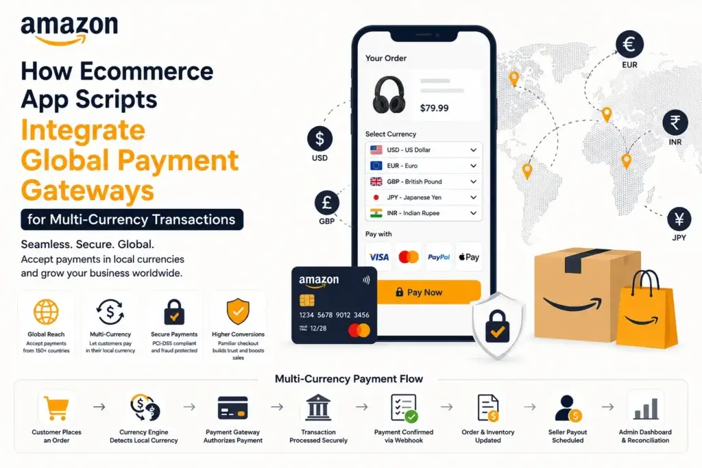 Ecommerce search scripts feature image showing Amazon-style global payment gateway integration for multi-currency ecommerce transactions