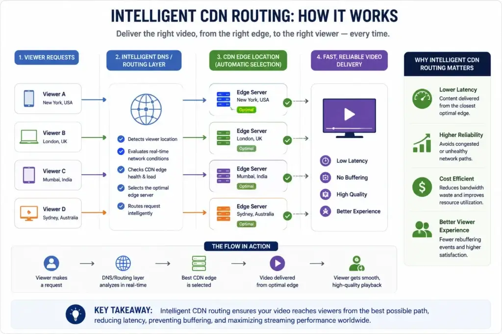 Beating the AWS Tax: How Our OTT Engine Cuts Streaming Bandwidth Costs by 45% 3 CDN routing diagram for reducing OTT bandwidth costs and AWS egress pressure