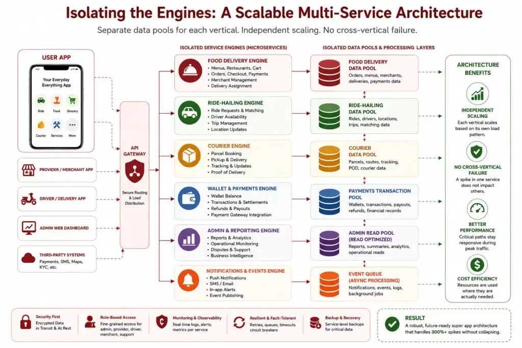 The Multi-Service Spike: How We Architected a Gojek Clone to Survive a 300% Flash-Load 2 Isolated food delivery and ride-hailing database pools in a scalable Gojek clone backend