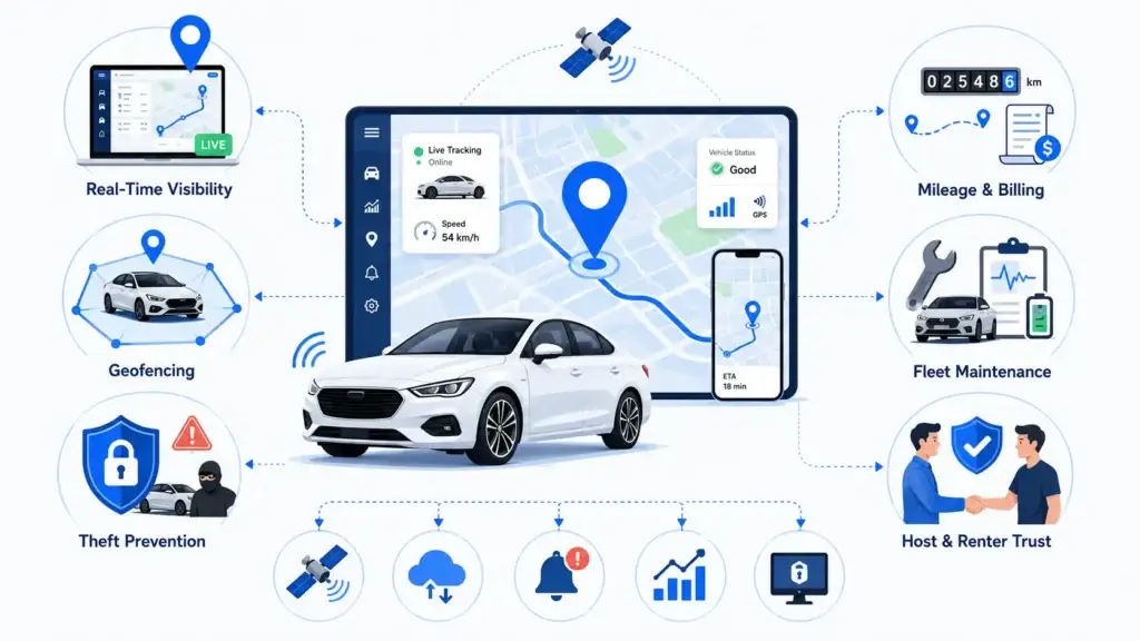 How to Integrate Telematics and GPS Tracking in Car Rental Applications 1 GPS tracking and telematics system for car rental platforms showing real-time tracking, geofencing, mileage billing, fleet health monitoring, theft prevention, and trust features.