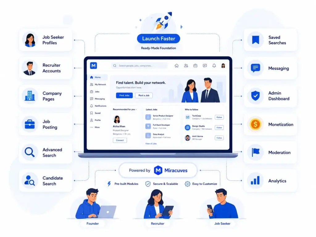 How a LinkedIn Clone App Can Improve Recruiter and Job Seeker Engagement With Advanced Search 2 LinkedIn clone platform infographic showing job seeker profiles, recruiter accounts, advanced search, messaging, analytics, monetization, and career networking tools.