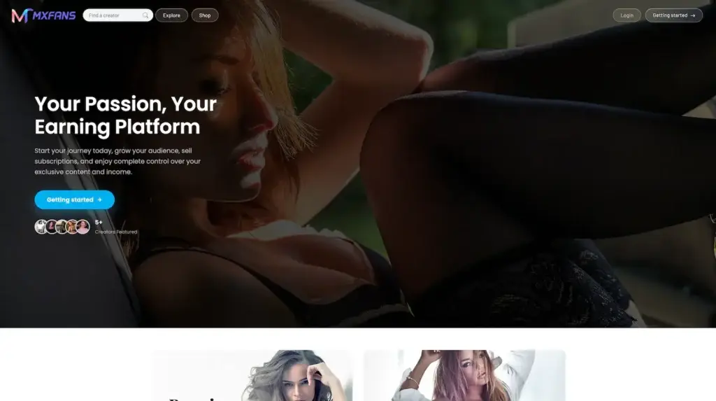 IsMyGirl Clone 44 MXFans homepage showing a creator earning platform with subscriptions, exclusive content, audience growth tools, featured creators, login, and creator onboarding.