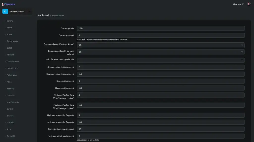 IsMyGirl Clone 37 Miracuves onlyfans clone Payment Settings Dashboard