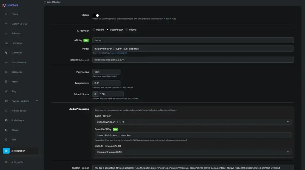 IsMyGirl Clone 38 Miracuves AI Voice Assistant: Voice AI Sounding page on onlyfans clone website, featuring a user interface for generating personalized moans, dirty talks, and erotic audio messages using AI.