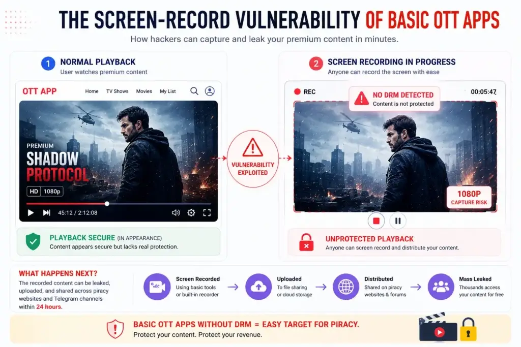 The $10,000 Piracy Leak: Why Cheap OTT Scripts Will Get Your Content Stolen in 24 Hours 1 Screen-record vulnerability in cheap OTT apps without DRM protection