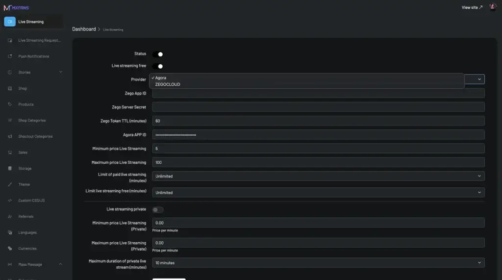 IsMyGirl Clone 33 Miracuves development services: Live Streaming Dashboard
