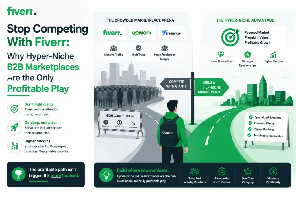 Hyper-niche B2B marketplace strategy compared with general freelance platforms like Fiverr and Upwork