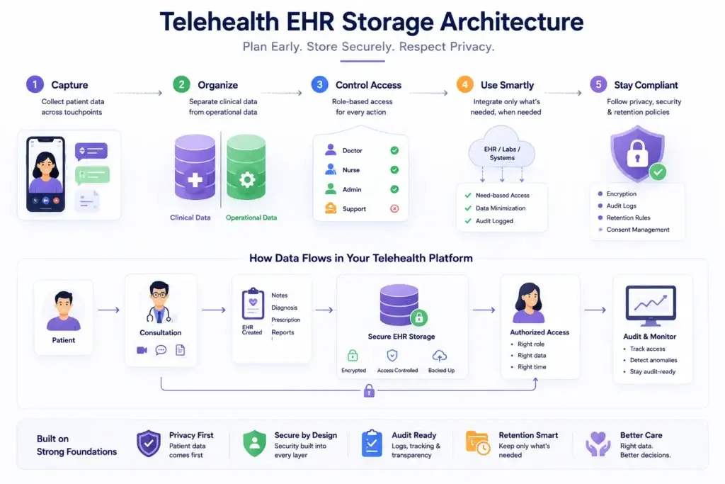 How Telehealth Software Development Improves Secure EHR Storage Systems 1 Telehealth EHR storage architecture infographic showing secure patient data flow, encrypted EHR systems, HIPAA compliance, role-based access control, audit monitoring, and privacy-focused telehealth infrastructure.