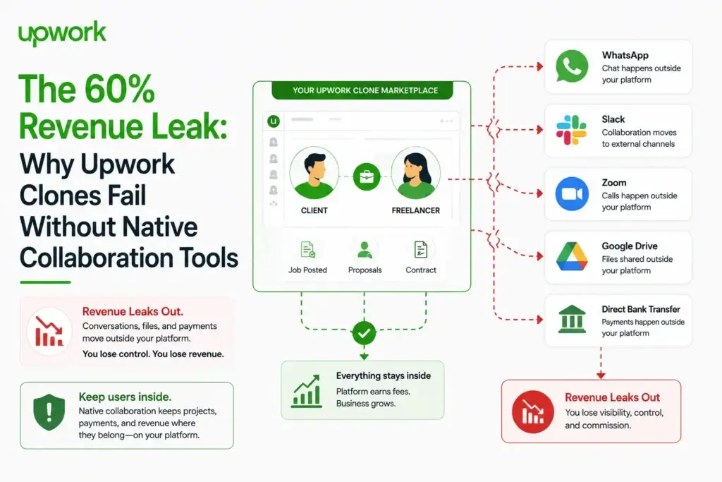The 60% Revenue Leak: Why Upwork Clones Fail Without Native Collaboration Tools 1 Platform leakage diagram showing Upwork clone users moving to external tools