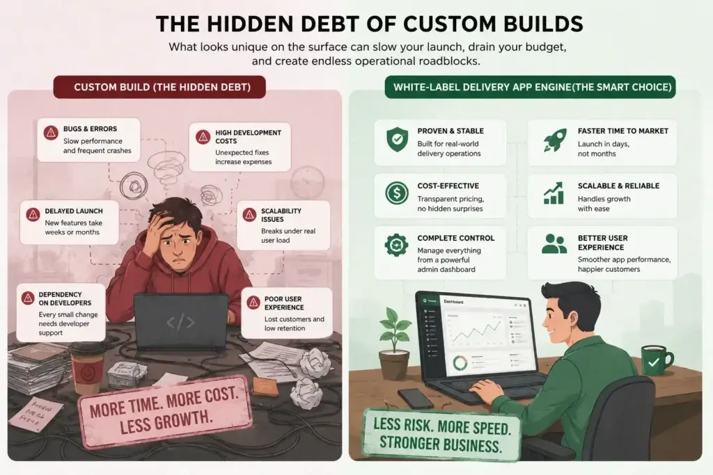 6 Days to Market: How We Saved a Dying Delivery Startup Without Rewriting Their Code 1 Custom delivery app technical debt compared with white label delivery app engine