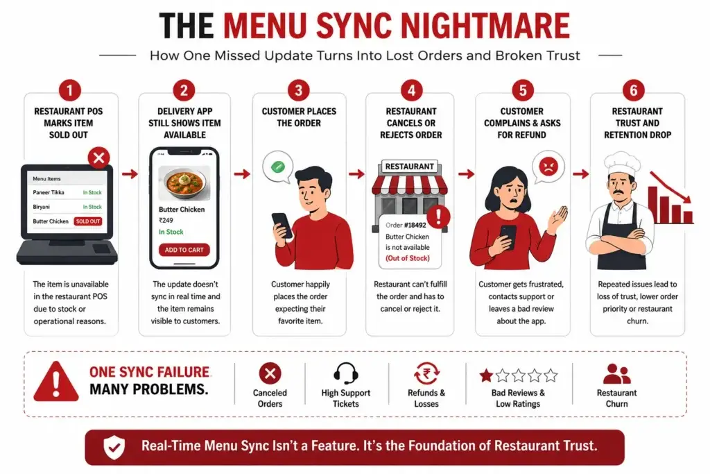 The Out-of-Stock Trap: Why Cheap Delivery Scripts Ruin Restaurant Relationships 1 Menu sync nightmare flowchart showing sold-out POS item still available in a food delivery app