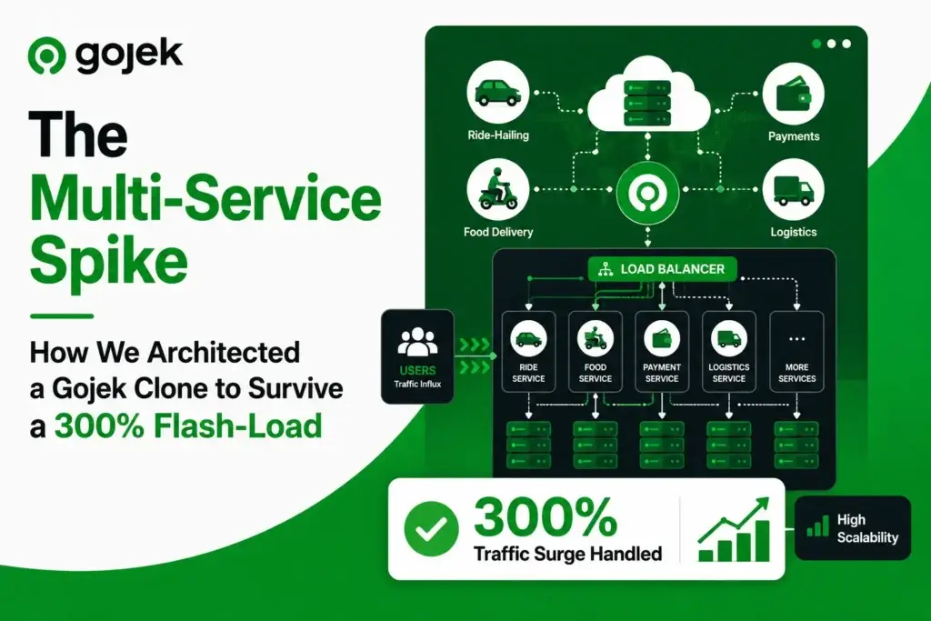 Gojek clone architecture graphic showing multi-service load balancing, ride-hailing, food delivery, payments, logistics, isolated service databases, and 300% traffic surge handling.