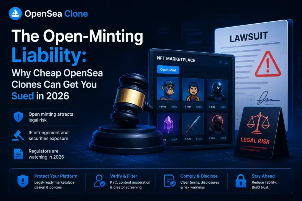 OpenSea clone liability dashboard showing KYC gates, creator whitelisting, copyright controls, and NFT marketplace admin review.