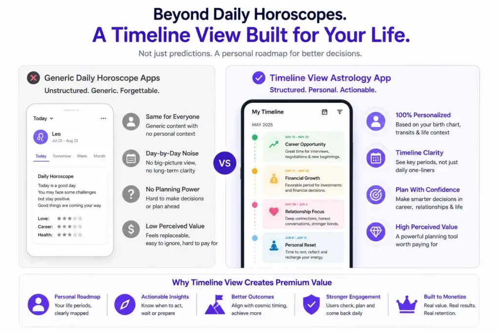 Sun-Sign Horoscopes Are Dead: Why the $99/Year โTimeline Viewโ Is the Only Profitable Play 2 Timeline View astrology app showing transits lunar cycles relationship windows and career themes