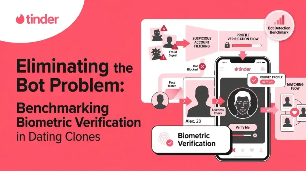 Tinder-style dating app infographic showing biometric verification, face matching, liveness checks, suspicious account filtering, verified profiles, bot blocking, fraud detection, and secure matching flow.