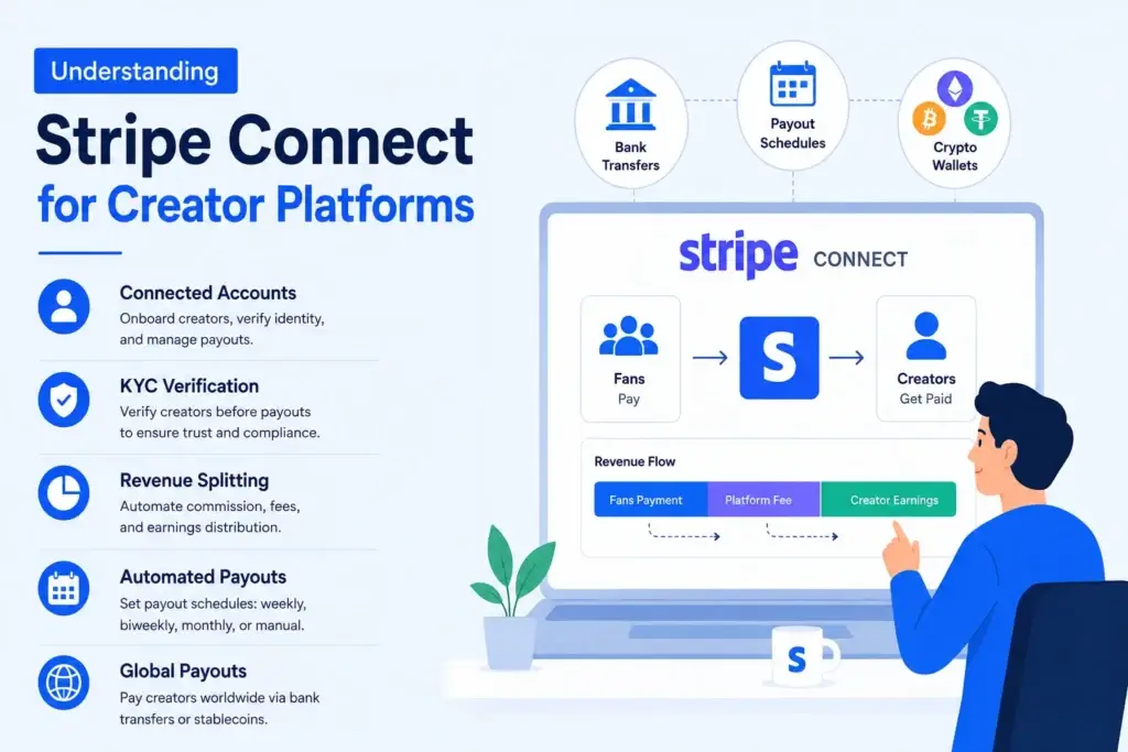Payout Options for Creators: Integrating Stripe Connect and Crypto Wallets 1 Creator economy app development infographic showing Stripe Connect integration, creator payouts, KYC verification, and crypto wallet support for creator platforms.