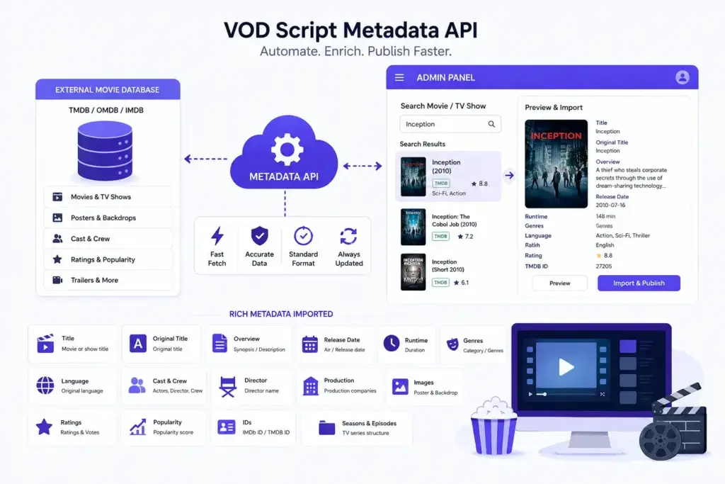 How to Integrate TMDB and IMDb APIs for Automatic Movie Metadata Import in a VOD Script 1 VOD script metadata API infographic showing TMDB, OMDB, and IMDb integration for automated movie metadata import and publishing workflow.