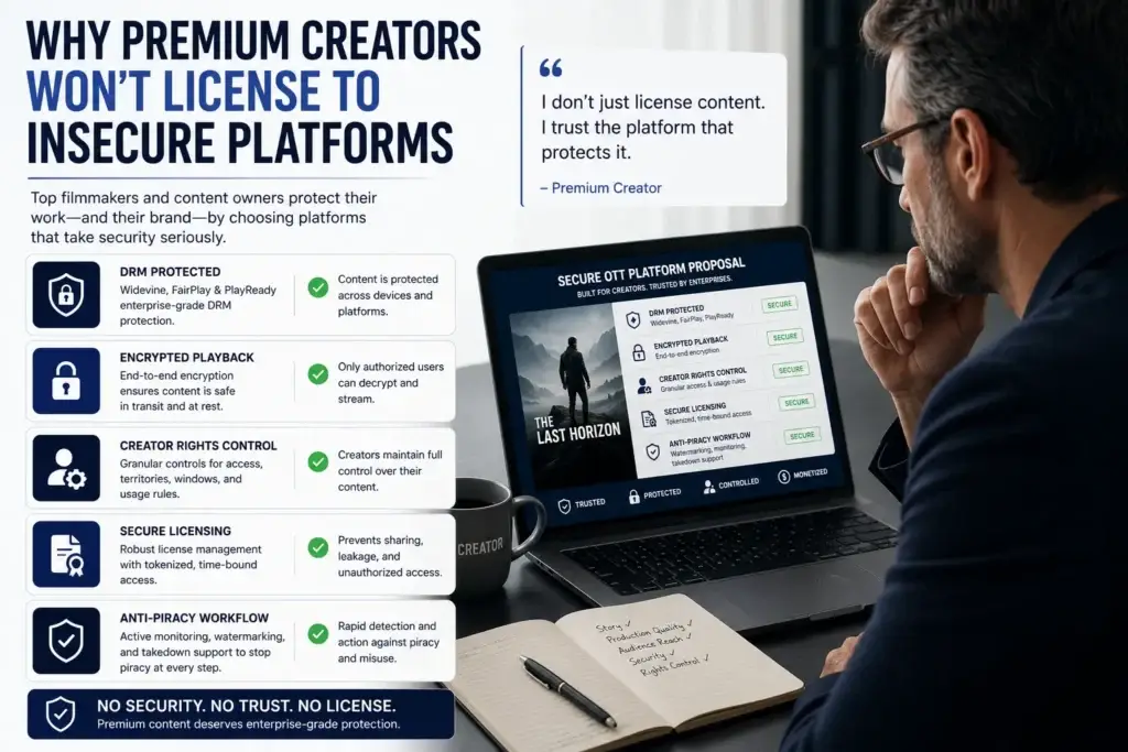 The $10,000 Piracy Leak: Why Cheap OTT Scripts Will Get Your Content Stolen in 24 Hours 3 Premium creators choosing secure OTT platforms with DRM and encrypted playback