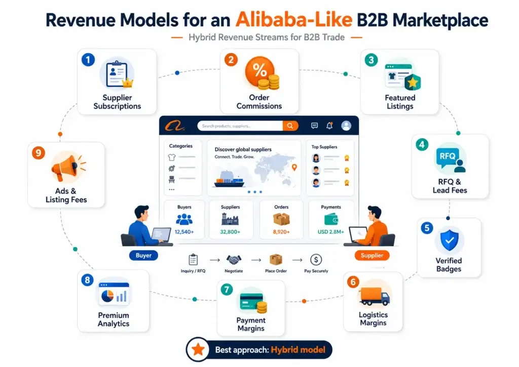 Best Alibaba Clone Script in 2026: Features & Pricing Compared 2 Revenue models for an Alibaba-like B2B marketplace showing supplier subscriptions, commissions, RFQ fees, featured listings, logistics margins, payment margins, and advertising revenue.