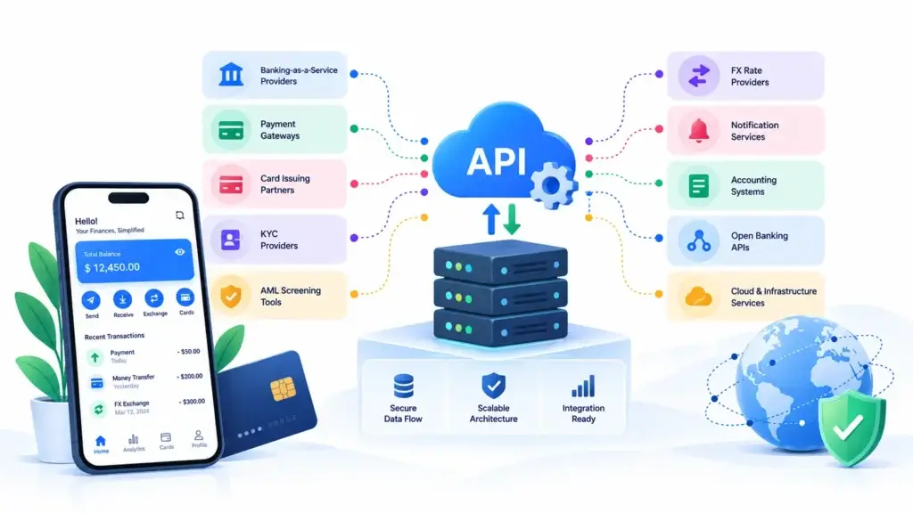 Digital Banking Platform Features: Accounts, Cards, FX, Savings, Business Finance, and Admin Controls 2 Digital banking API integration architecture connecting BaaS providers, payment gateways, card issuing, KYC, AML, FX rates, notifications, accounting systems, and open banking APIs.