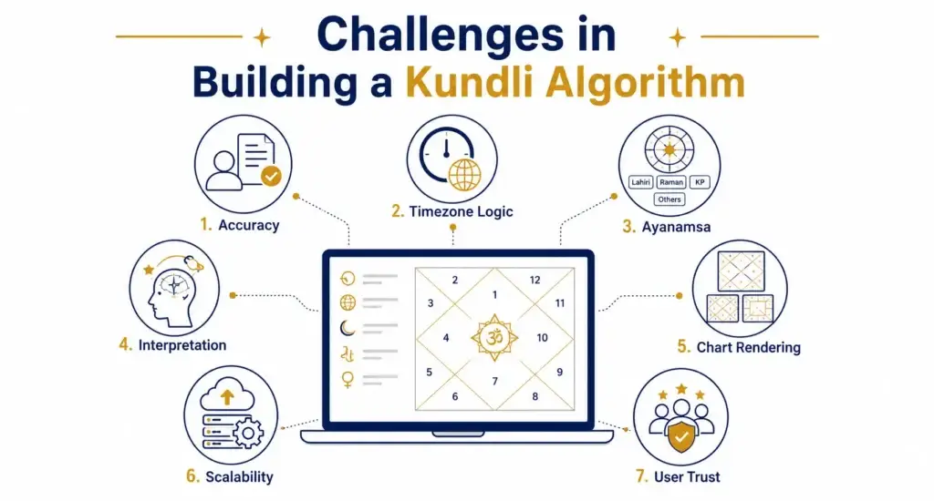 How to Build a Kundli and Horoscope Generation Algorithm in Python 2 Vector illustration of a laptop displaying a Kundli chart, surrounded by icons for accuracy, timezone logic, ayanamsa, interpretation, chart rendering, scalability, and user trust.