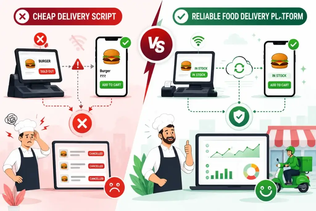 The Out-of-Stock Trap: Why Cheap Delivery Scripts Ruin Restaurant Relationships 3 Cheap food delivery script versus reliable food delivery platform with real-time menu sync and restaurant controls