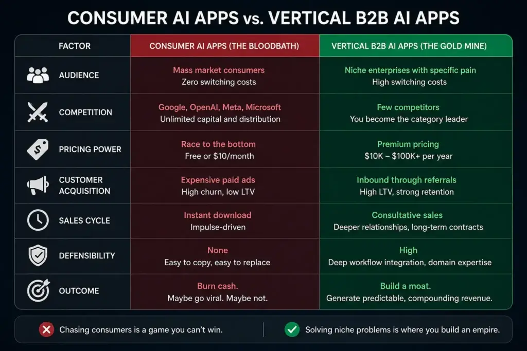 Stop Building Consumer AI: Why the Best Artificial Intelligence Apps Are โBoringโ B2B Tools 1 Consumer AI apps compared with vertical B2B AI tools across competition, pricing, retention, and defensibility