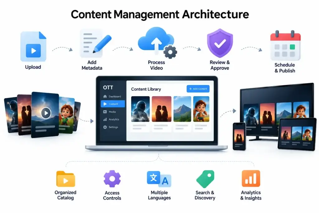 OTT Streaming Platform Architecture: Content Management, Streaming Delivery, Subscriptions, and Recommendations 1 Content management architecture for an OTT streaming platform showing upload, metadata, video processing, review, publishing, catalog management, access control, search, and analytics.