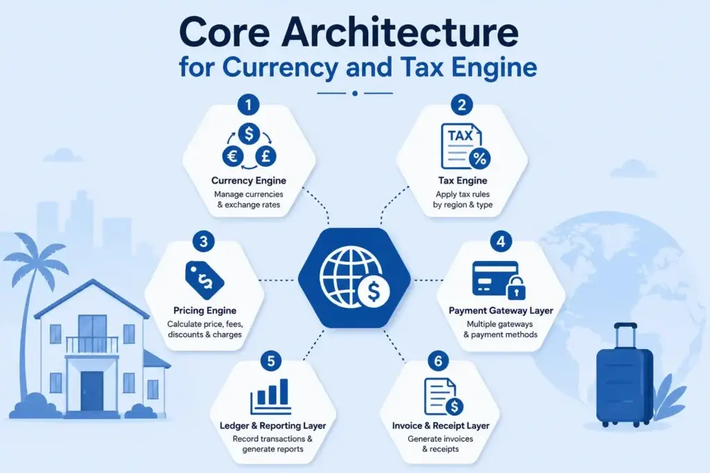 Implementing Multi-Currency and Regional Taxes in Rental Apps 2 Vector infographic showing six connected layers of a rental app currency and tax engine around a central global payment icon.
