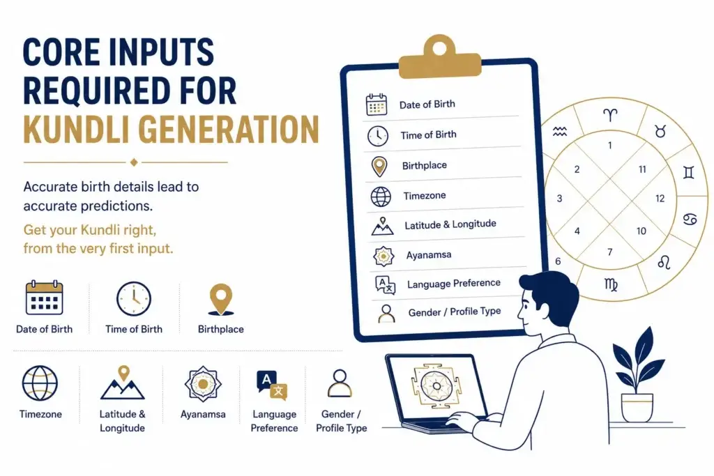 How to Build a Kundli and Horoscope Generation Algorithm in Python 1 Core inputs required for Kundli generation including date of birth, time of birth, birthplace, timezone, latitude, longitude, ayanamsa, language preference, and profile type