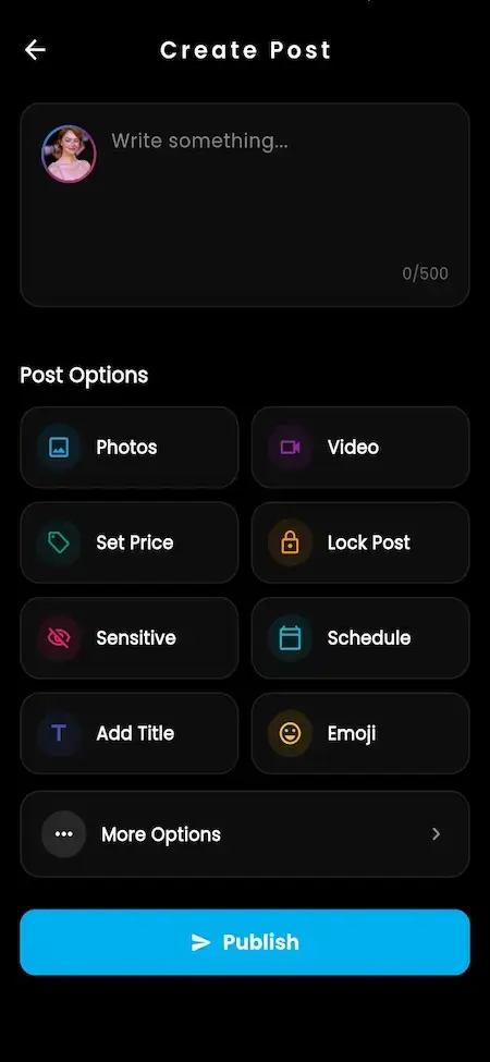 IsMyGirl Clone 24 OnlyFans clone create post screen with premium content publishing, media uploads, post scheduling, pricing, and locked content options