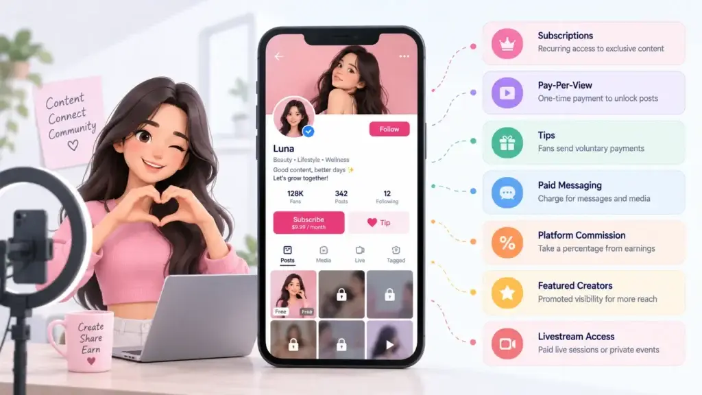 Subscription-Based Platform Architecture: Creator Profiles, Access Rules, Payments, Messaging, and Payouts 2 Creator platform monetization models including subscriptions, pay-per-view, tips, paid messaging, commissions, featured creators, and livestream access.