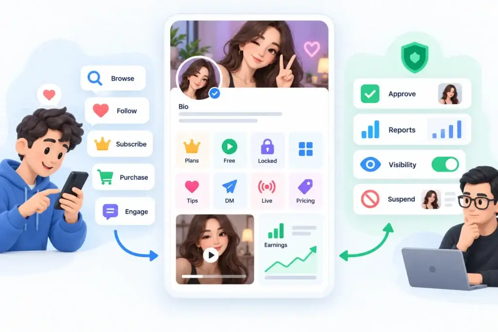 Subscription-Based Platform Architecture: Creator Profiles, Access Rules, Payments, Messaging, and Payouts 1 Creator profile platform connecting fan subscriptions, content purchases, messaging, livestreams, earnings, and admin controls.