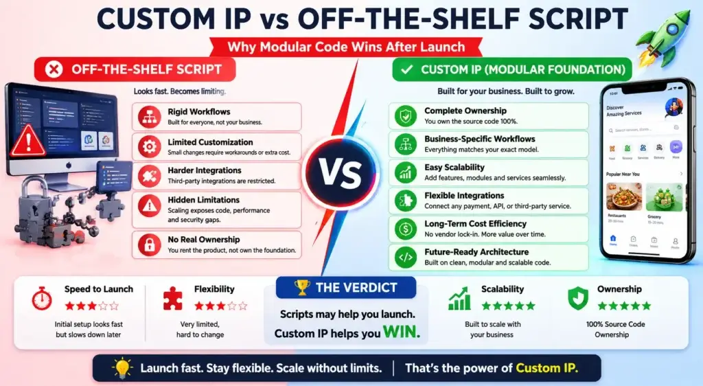From Wireframe to App Store in 144 Hours: A Marketplace MVP Scope Breakdown 4 Custom IP marketplace MVP compared with off-the-shelf marketplace script